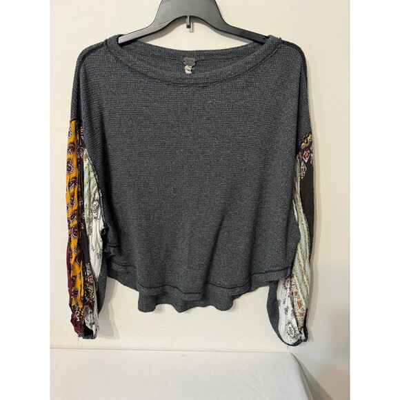 WE THE FREE  FREE PEOPLE WAFFLE KNIT PATCHWORK LS TOP gray medium - Picture 1 of 6